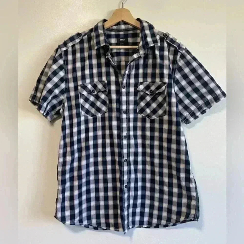 Max Blue & White Short Sleeve Plaid Button Up Shirt